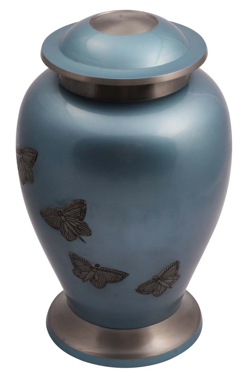 10” Blue Brass Cremation Urn with Etched Butterfly Motifs – Hand-Crafted – Solid Urns for Ashes at Wholesale